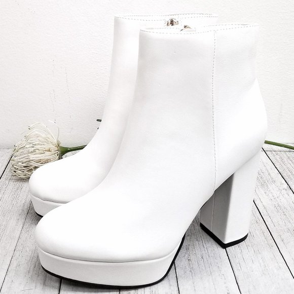 white chunky heel booties